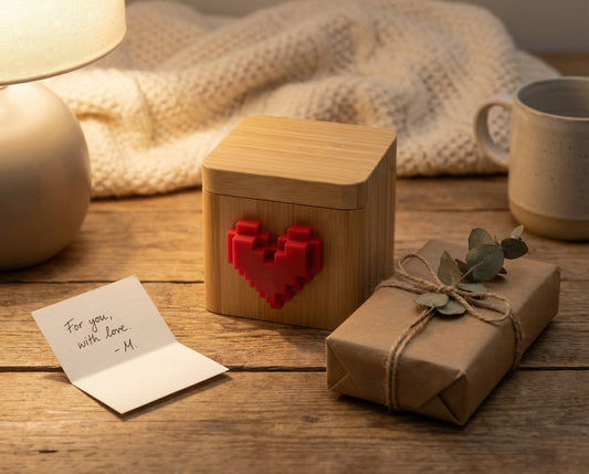 Wrapped Valentine gift, handwritten note and Lovebox device on table