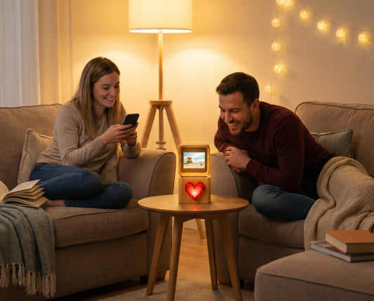 Couple exchanging messages using a connected wooden message box