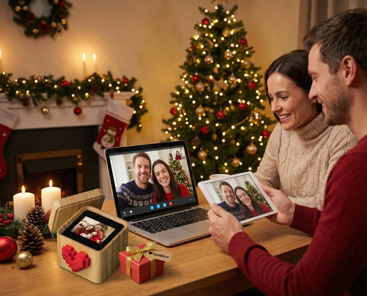 couple sharing a Christmas video call with a wrapped gift on the table
