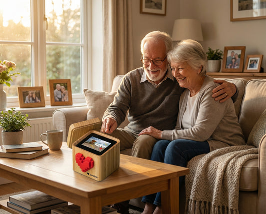 Grandparents smiling at a Lovebox on a table displaying family photos