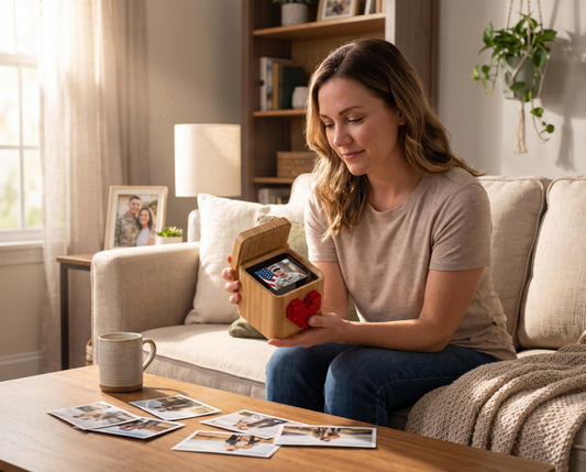 Military spouse opening a thoughtful gift to stay connected with a deployed partner