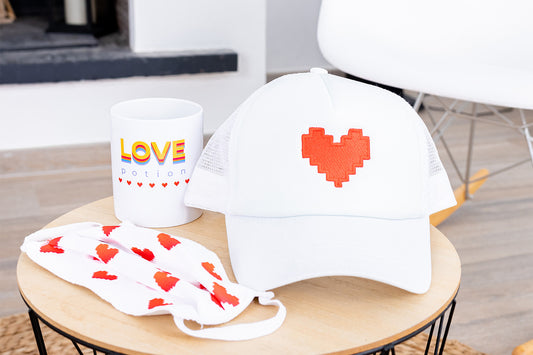 Lovebox hat and coffee mug.