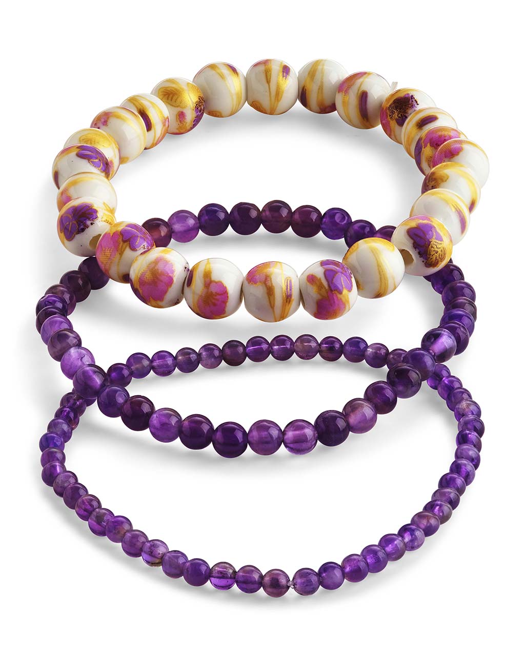 Amethyst & White Floral Stretch Bracelet Set of 3