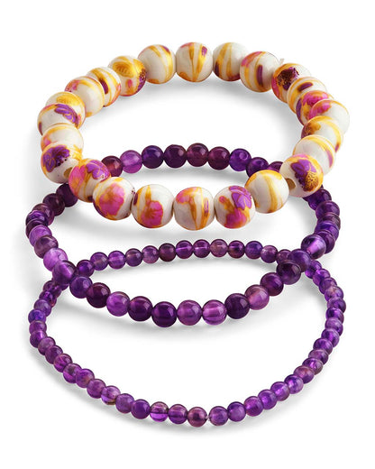 Amethyst & White Floral Stretch Bracelet Set of 3